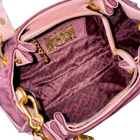 Juicy Couture Bordeaux Velour Pink Faux Leather Nuova Twig Dog Double Handle Bag - Picture 10 of 13
